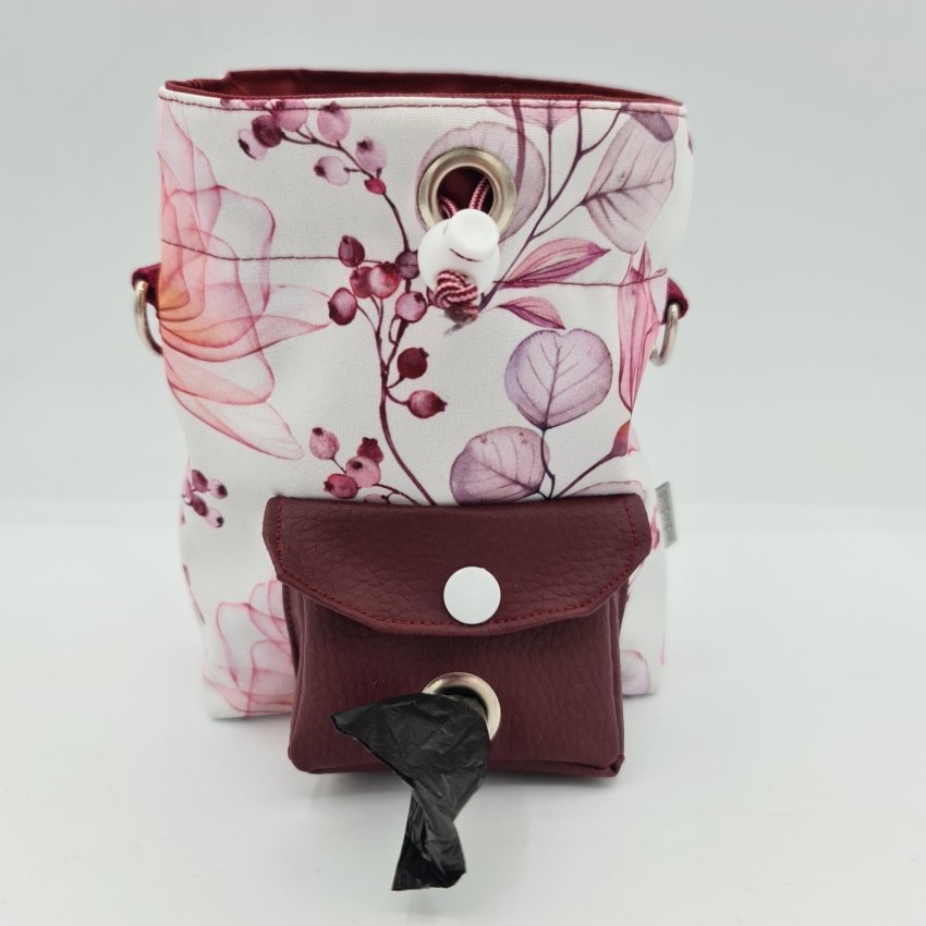 Futterbeutel zum umhängen weiß-bordeaux-rosa Blüten